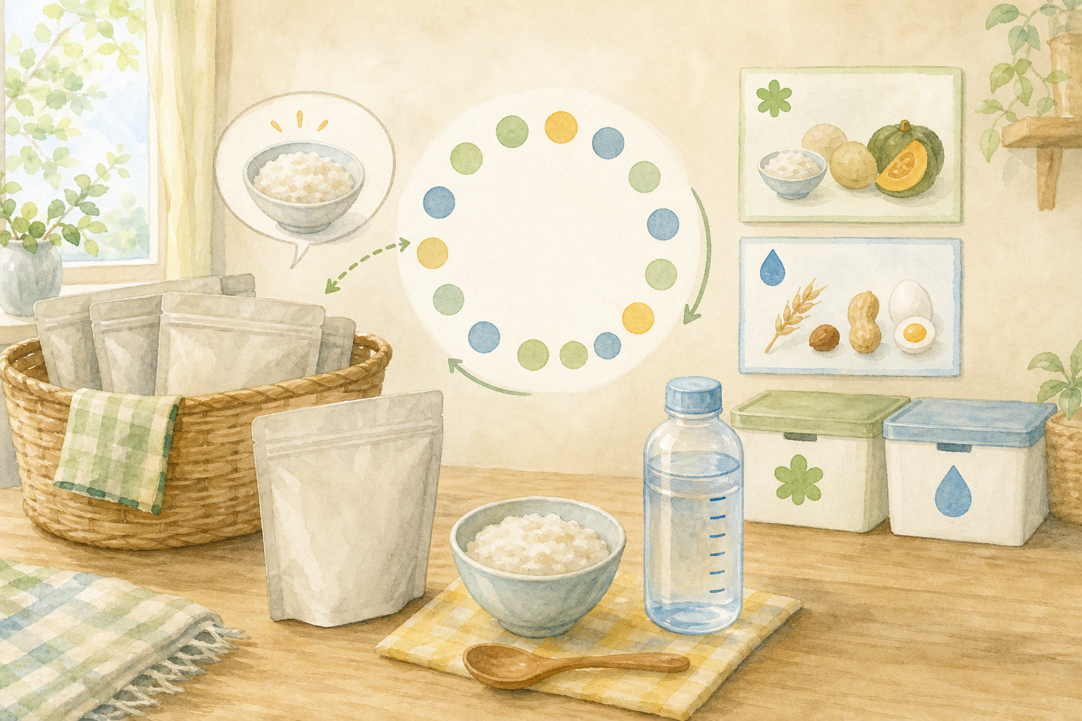 子ども用の非常食を試食して色別の箱で循環備蓄する水彩イラスト