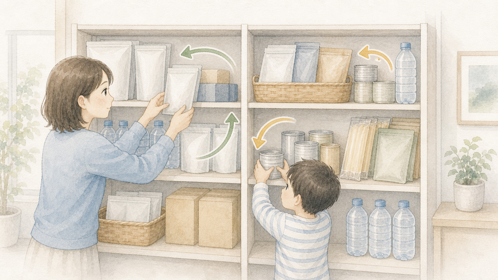 長期保存食と普段の食品を棚で混ぜて古い物から使うローリングストックの水彩イラスト