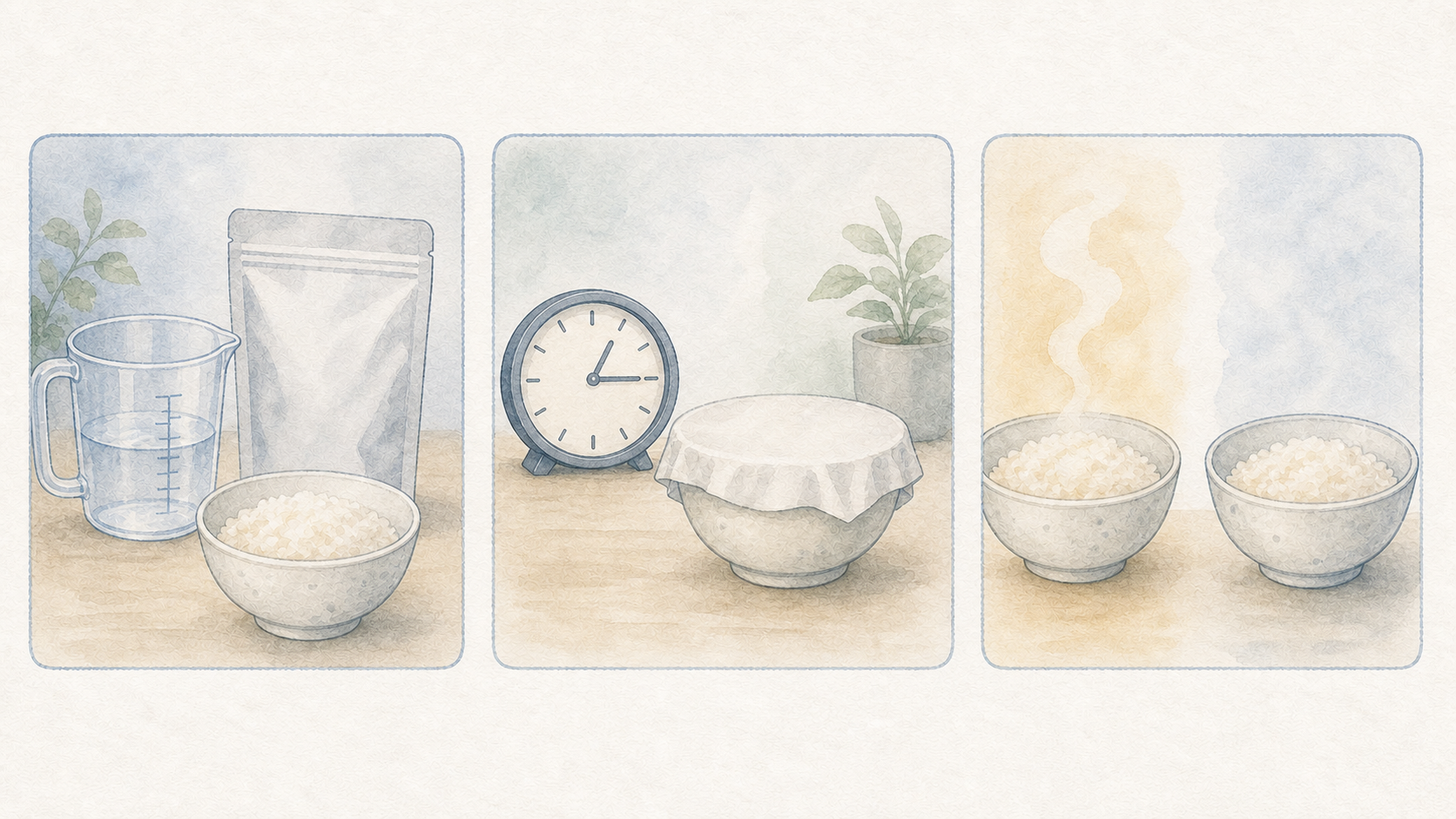 非常食のご飯を水量、待ち時間、温度の三つに分けて確かめる水彩イラスト
