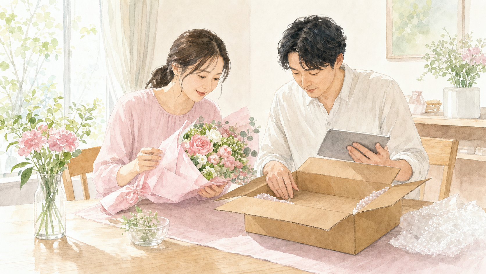 花ギフトの包装と箱からメッセージカードを探す夫婦