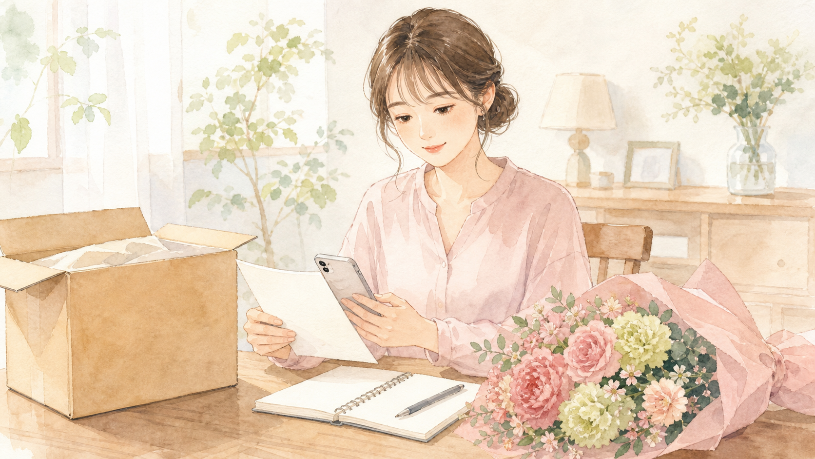 花ギフトの注文情報をそろえて販売店へ連絡する女性