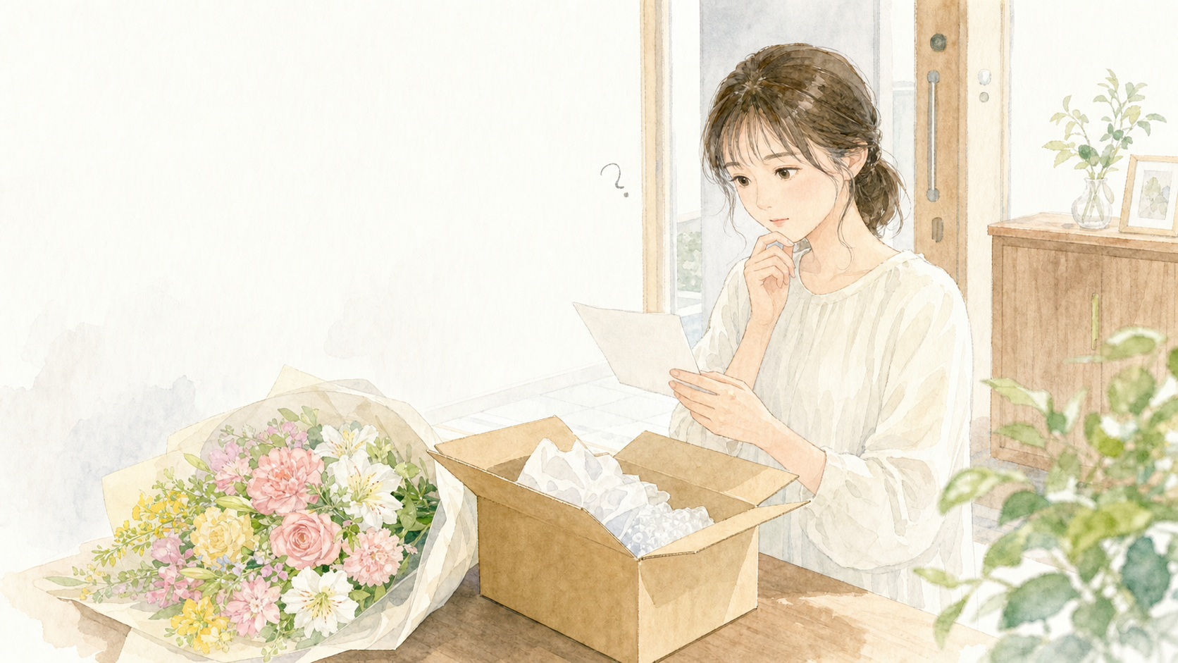 花ギフトのメッセージカードが見当たらず確認する女性