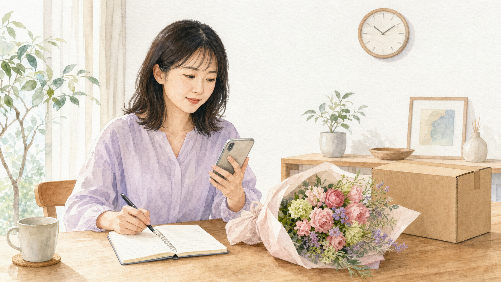 花ギフトの配送日相違を販売店へ問い合わせる女性