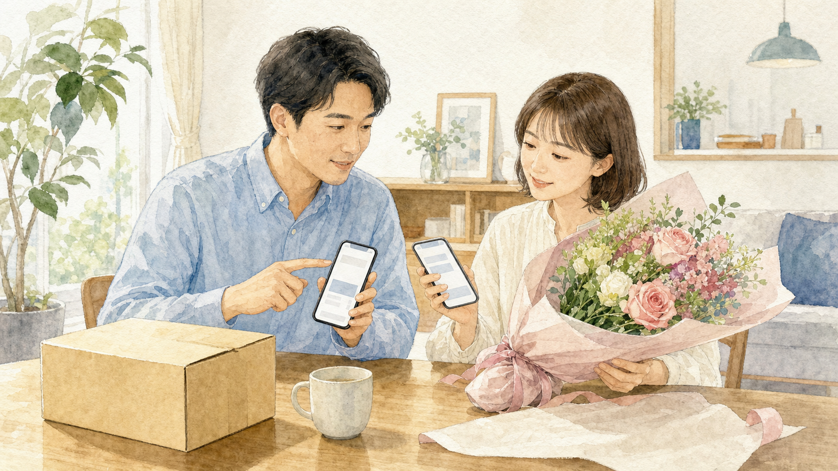 花ギフトの注文日と受取日を確認する男女