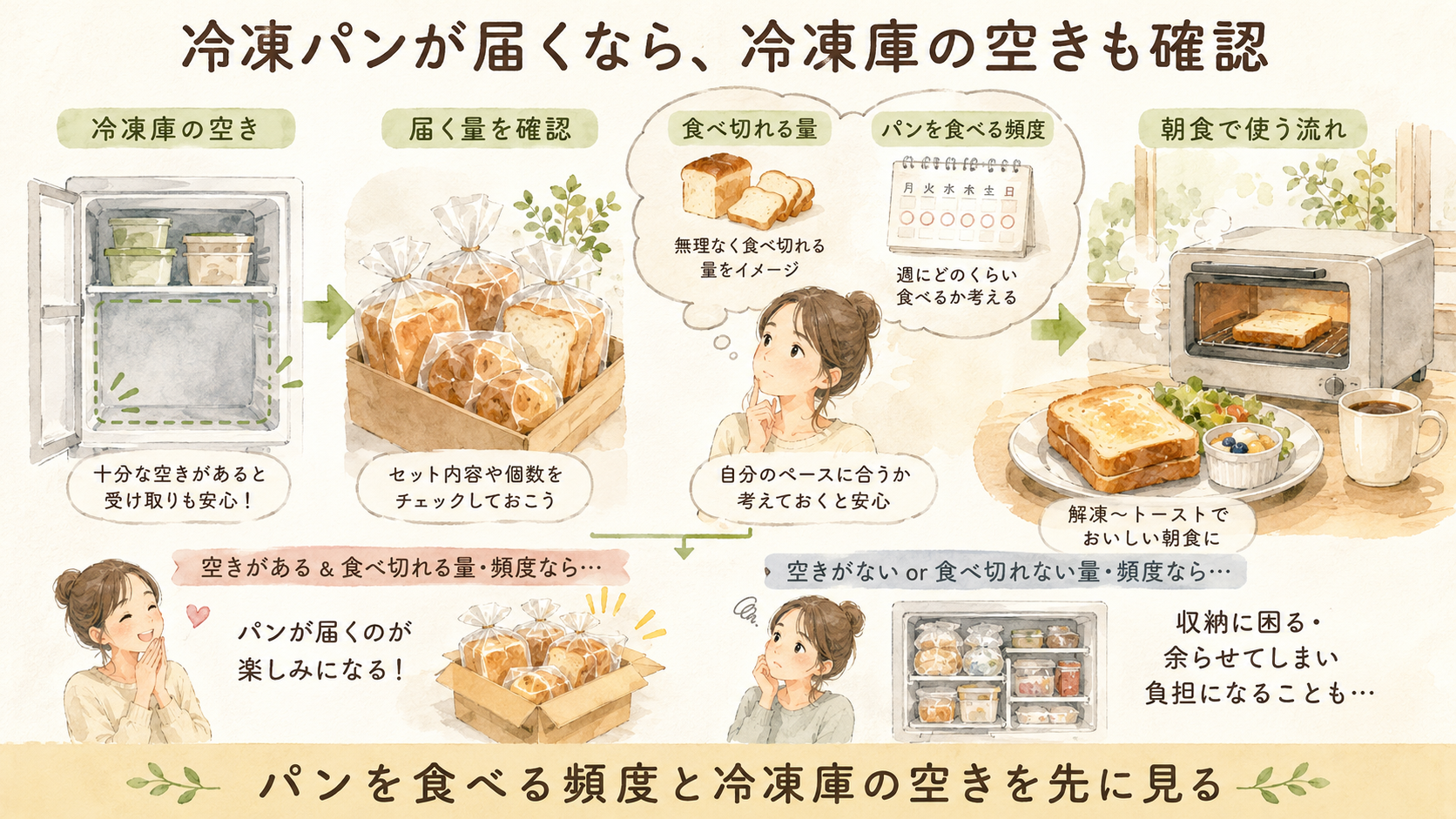 冷凍パンが届く前に冷凍庫の空きと食べ切れる量を確認する図解