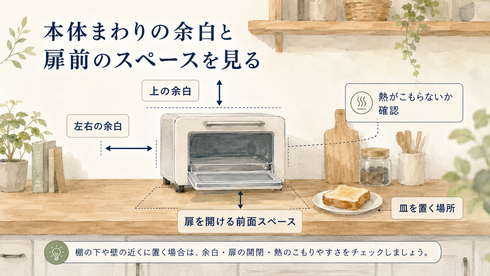 高級トースターを置く前に本体まわりの余白と扉前のスペースを確認する図解