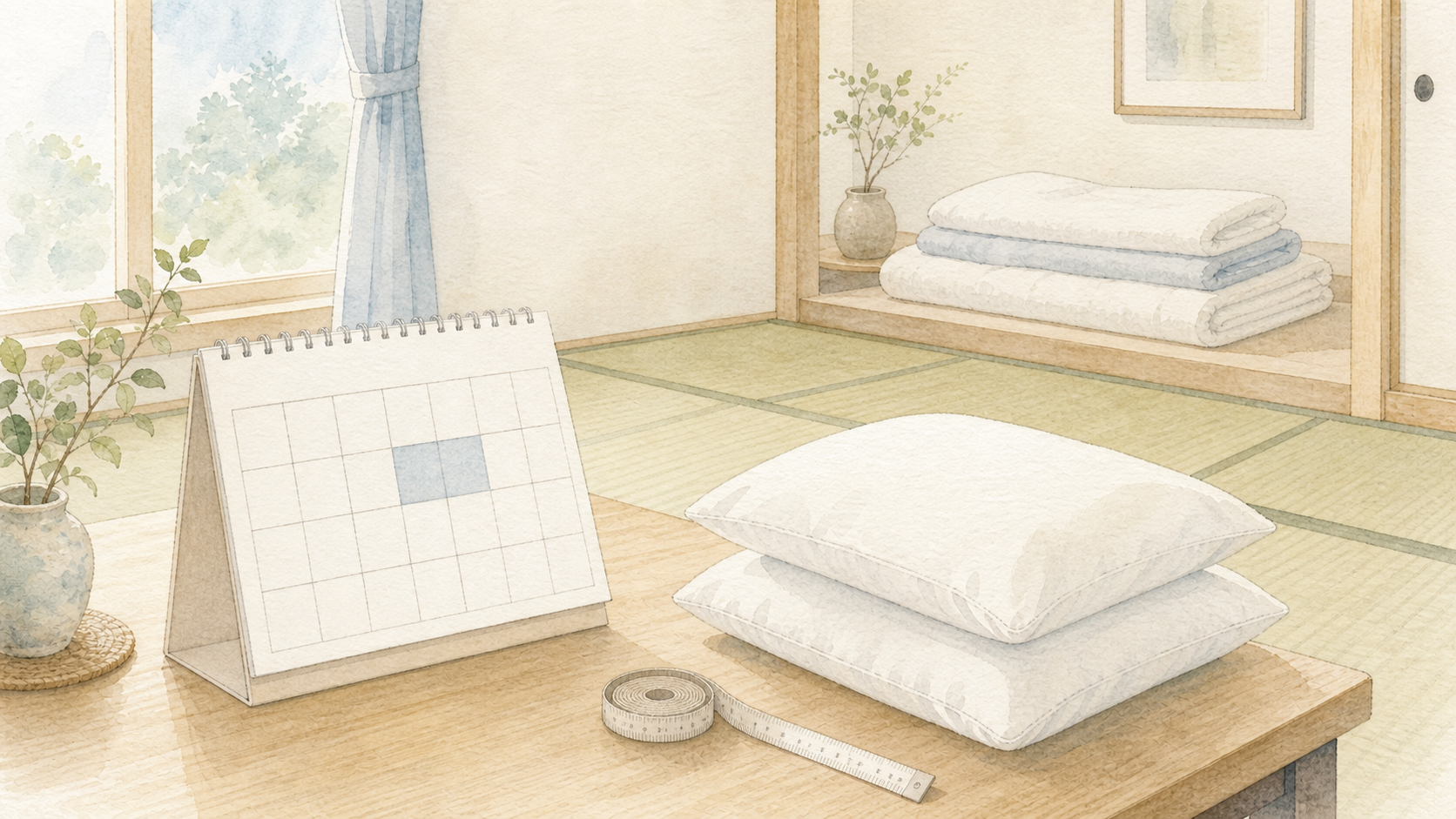 来客の日程と人数と部屋をそろえて寝具を決める水彩イラスト