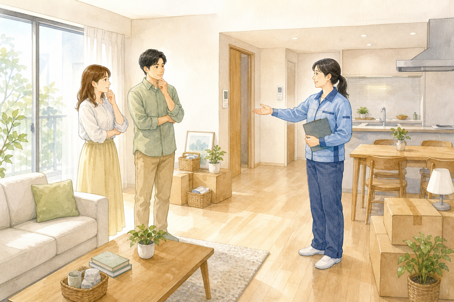 入居前の荷物がある部屋でハウスクリーニングの作業範囲を相談する夫婦と作業員の水彩イラスト