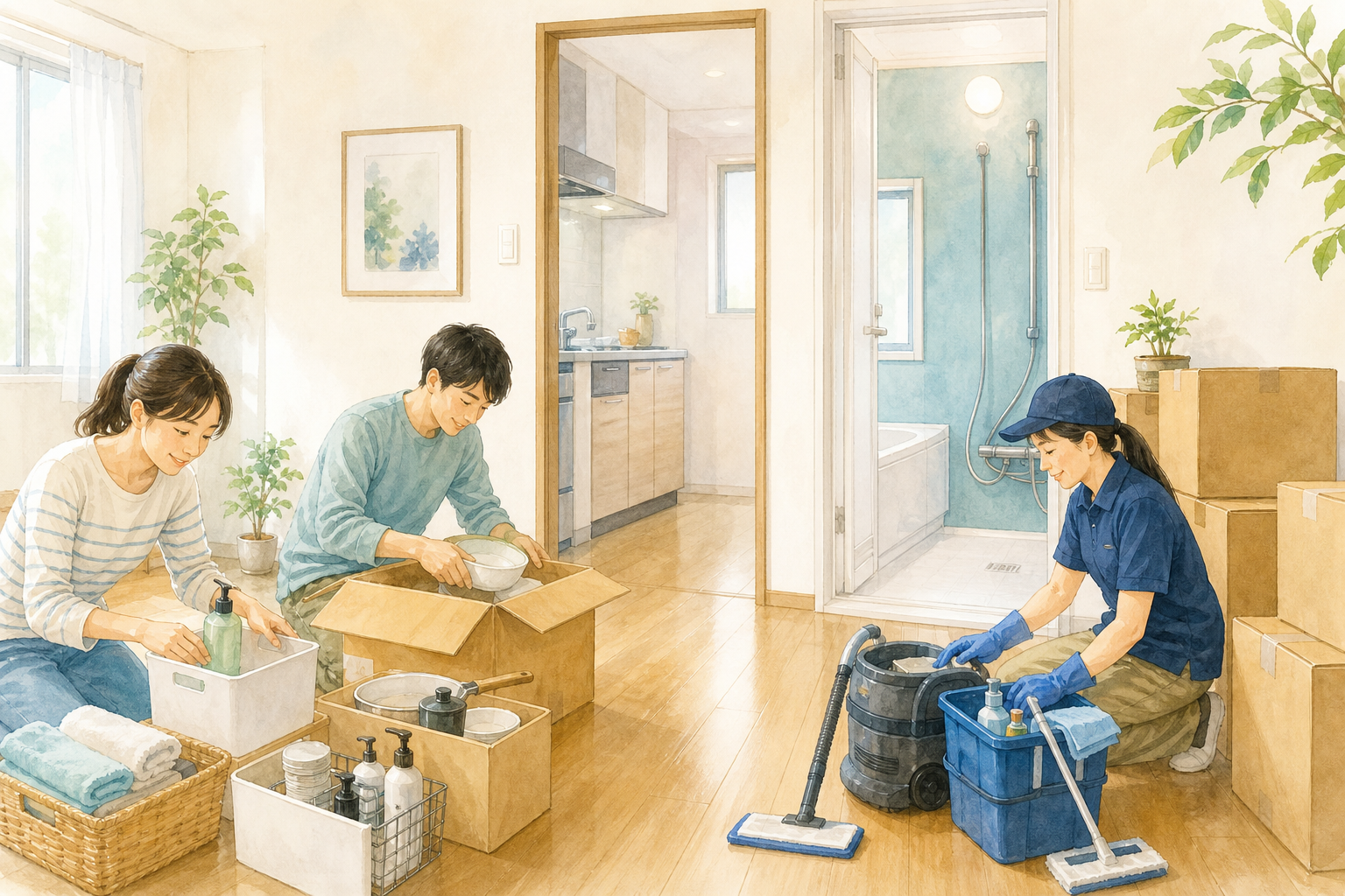 入居前のハウスクリーニングに備えてキッチンと浴室前の荷物を移動する夫婦の水彩イラスト