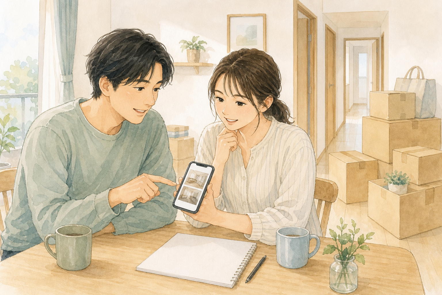 入居前の清掃箇所と室内の荷物をスマートフォンで確認する夫婦の水彩イラスト
