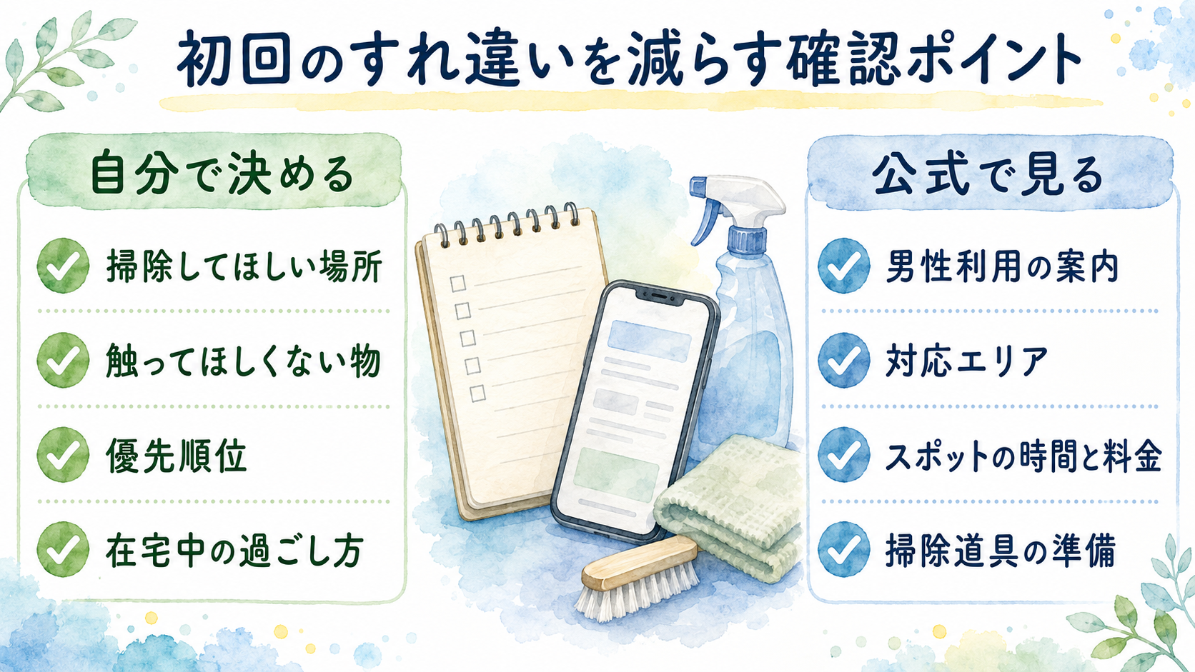 家事代行の初回のすれ違いを減らすため自分で決めることと公式で見ることを分けた確認ポイントの図解