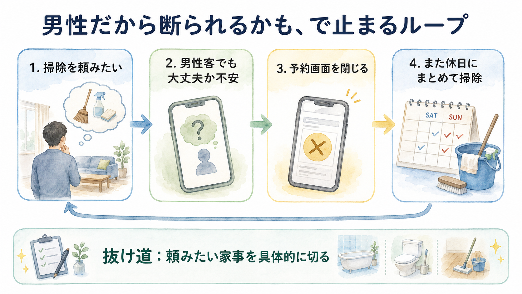 男性だから家事代行を断られるかもしれないと予約をやめ休日のまとめ掃除へ戻る流れの図解