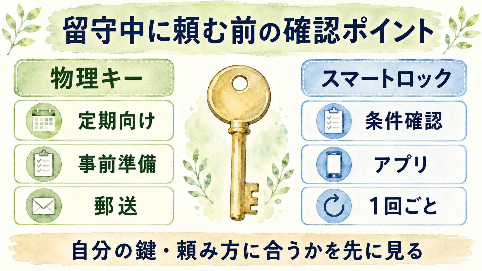 留守中に家事代行を頼む前に物理キーとスマートロックの確認点を分けた図解
