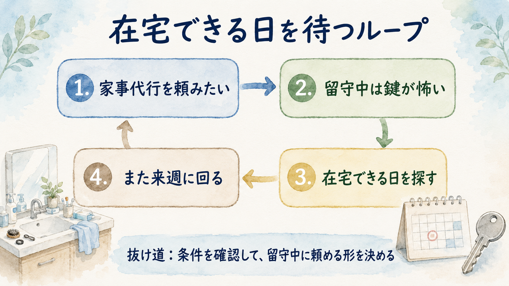 留守中の鍵不安で在宅できる日を待ち家事代行を先延ばしにする流れの図解