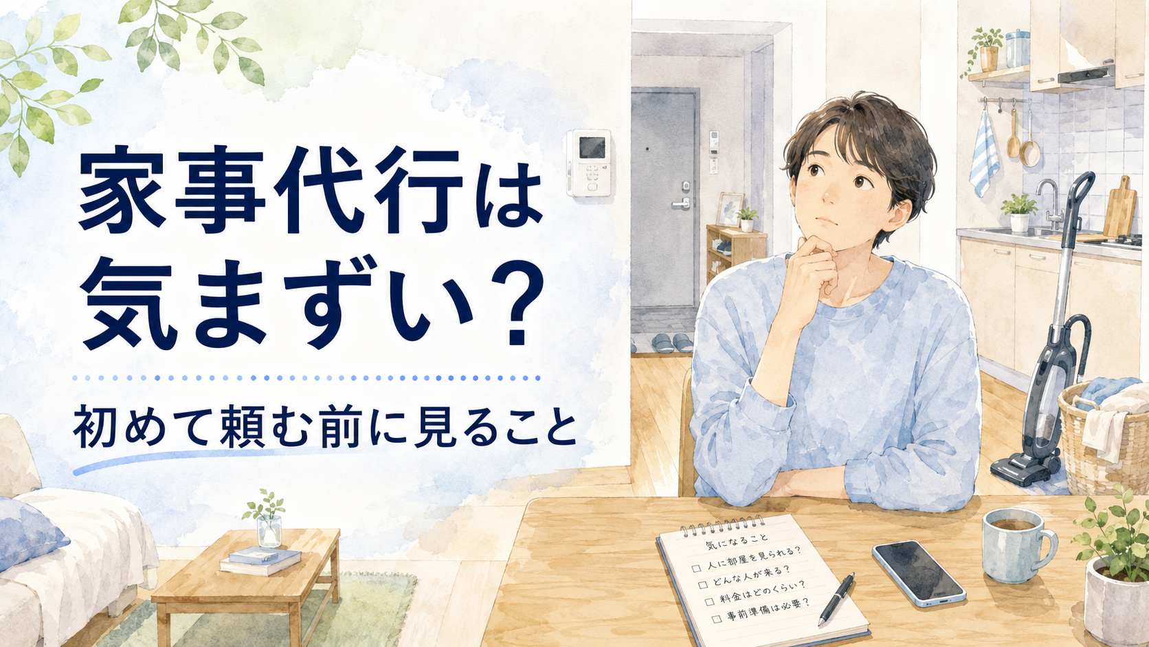 家事代行を初めて頼む前に気まずさを感じている一人暮らしの人のイラスト