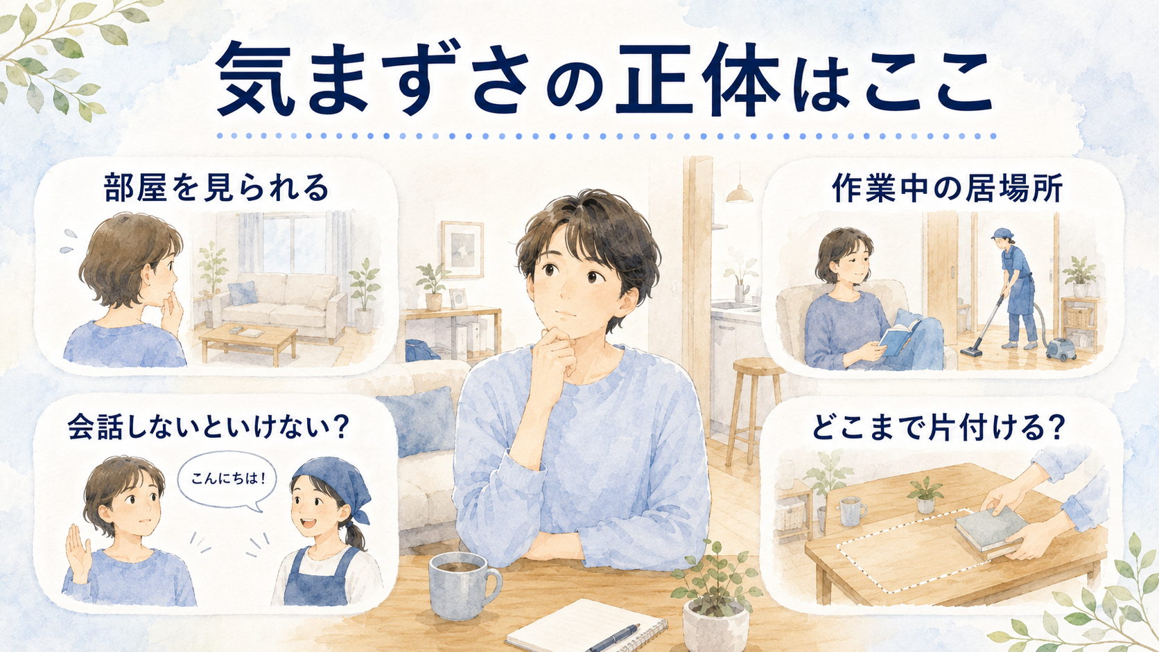 家事代行で気まずさを感じやすい理由を部屋を見られることや作業中の居場所などに分けた図解