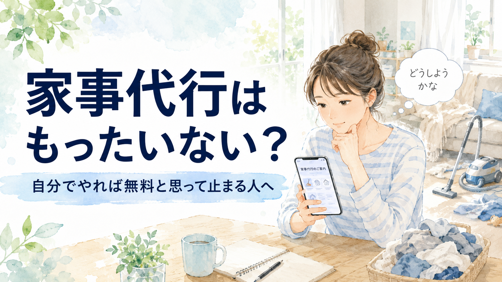 家事代行はもったいないか迷いながらスマホを見る人と散らかった部屋のアイキャッチ画像