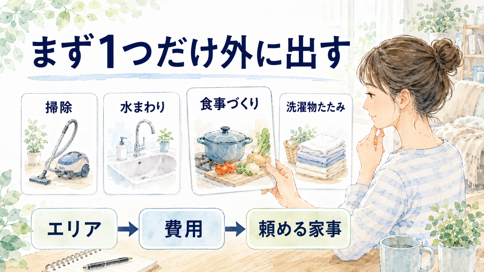 掃除・水まわり・食事づくり・洗濯物たたみからまず1つだけ家事を外に出す図解
