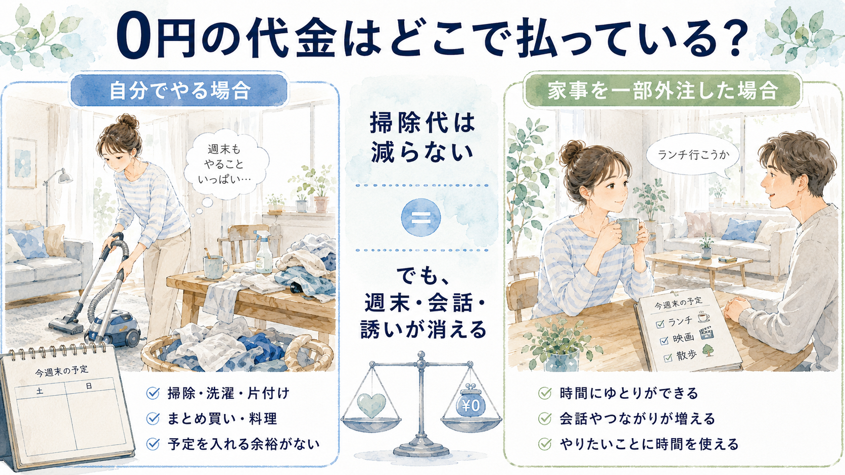 0円で自分で家事をする場合と家事を一部外に出す場合の違いを比較した図解