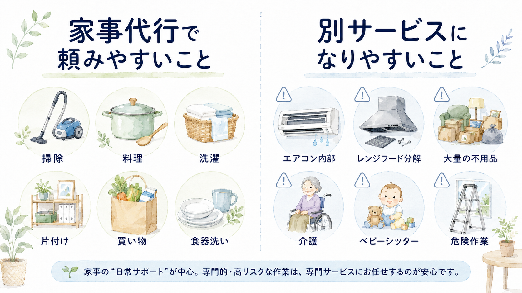 家事代行で頼みやすい日常家事と別サービスになりやすい専門作業を分けた図解