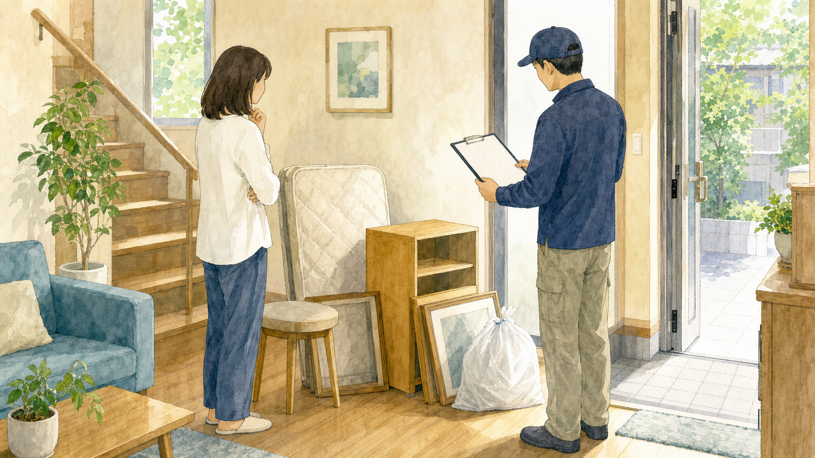 作業前に不用品と見積もり内容を確認する依頼者と作業員の水彩イラスト