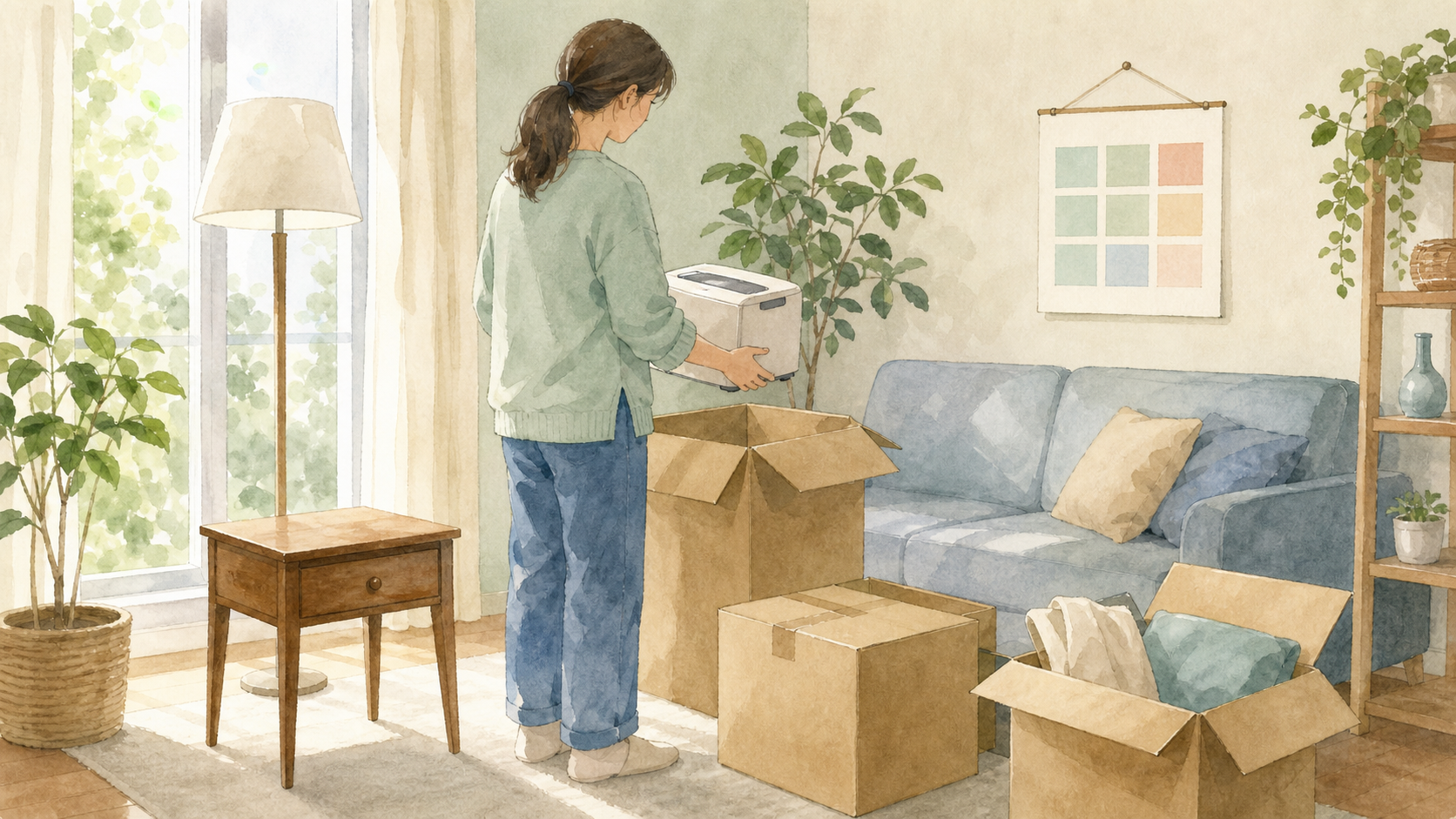 土日の不用品回収に向けて品物を整理する依頼者の水彩イラスト