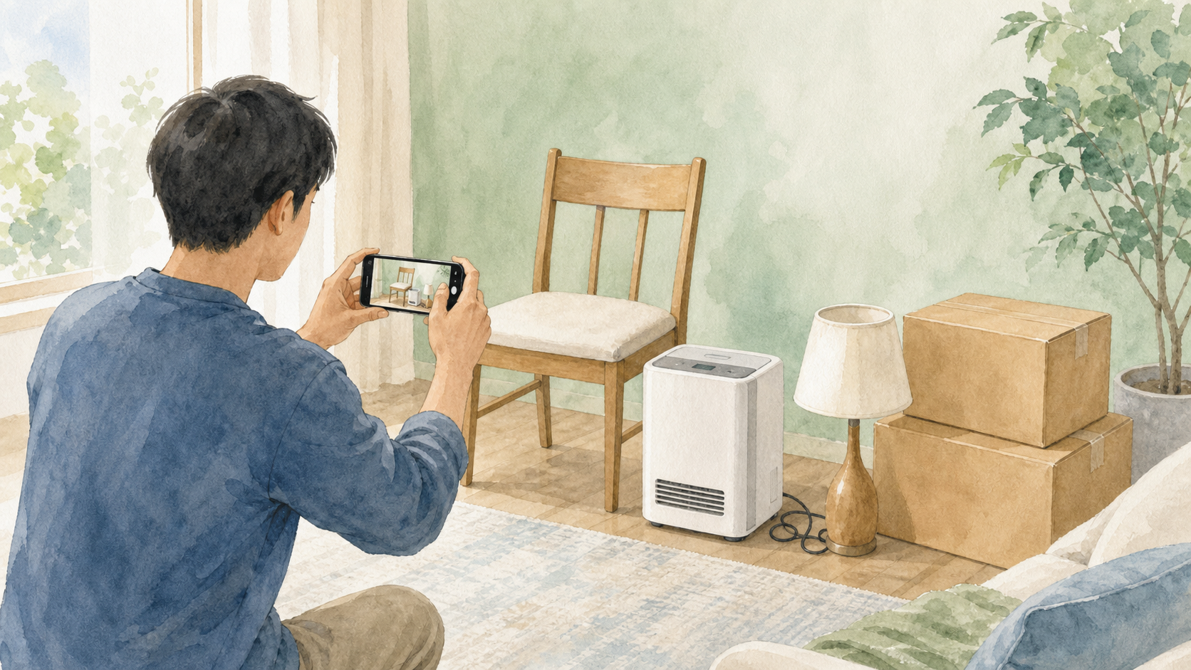 不用品の写真を撮って見積もり準備をする依頼者の水彩イラスト