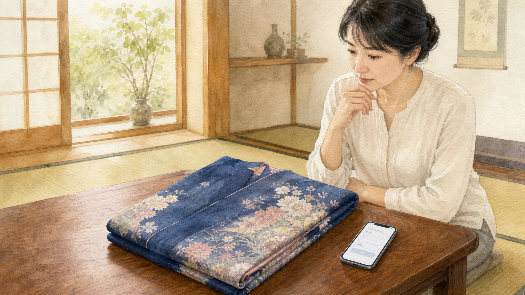 着物1枚だけの買取査定をスマートフォンで検討する人