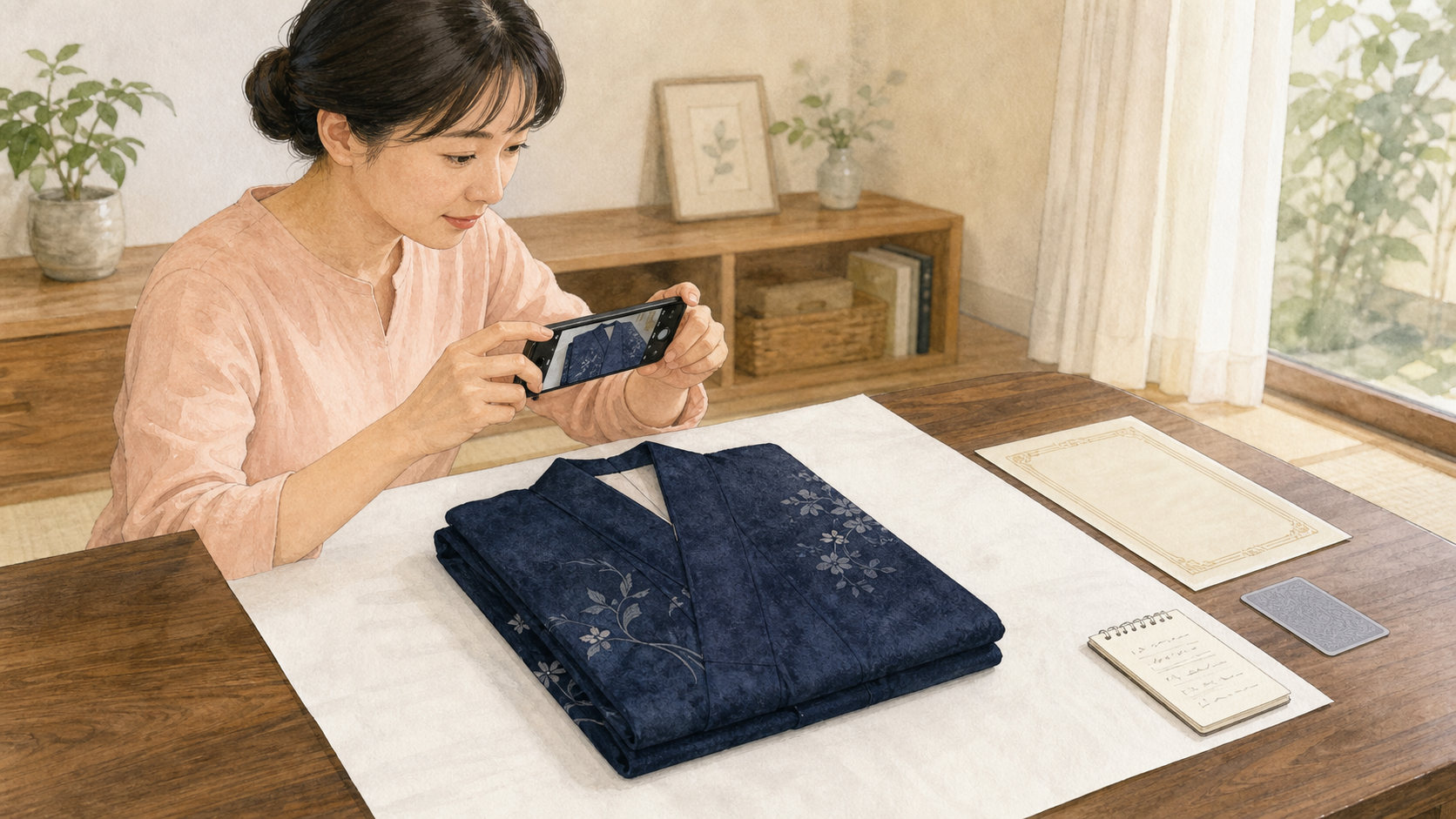 着物1枚の状態と付属資料を査定前に確認する人
