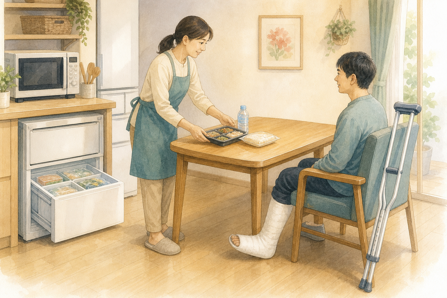 電子レンジの近くに冷凍弁当と主食と飲み物をまとめた食卓の水彩イメージ