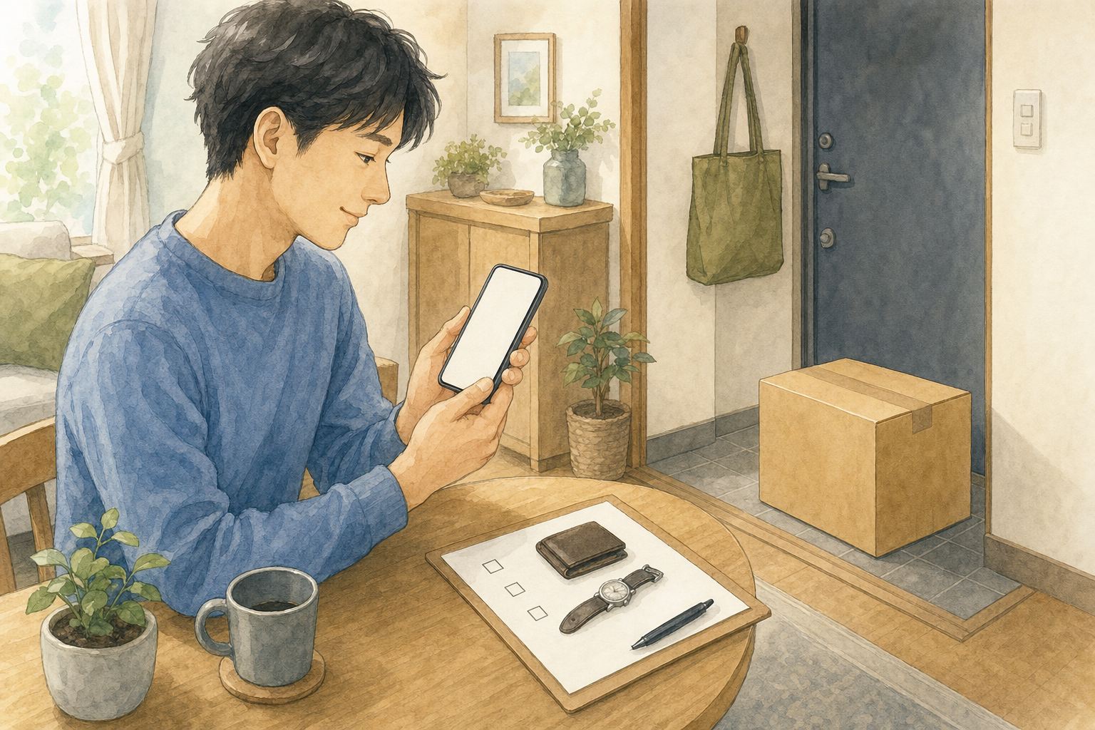 集荷前の箱を玄関に用意してスマートフォンを確認する人