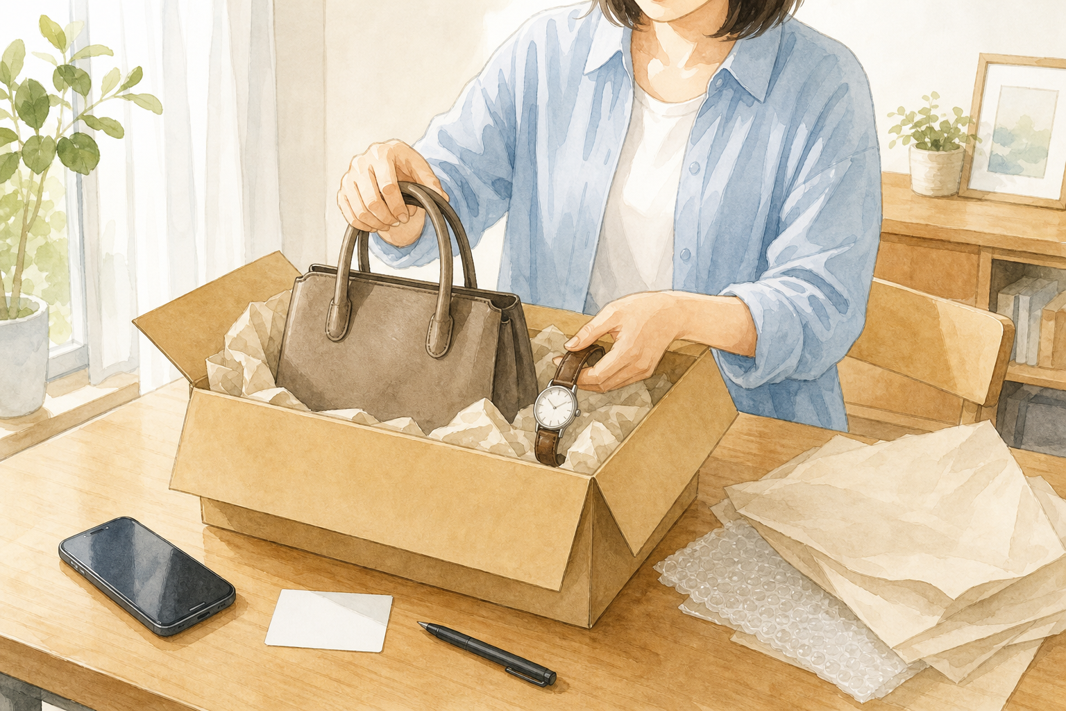バッグと時計を宅配買取の箱へ梱包する様子