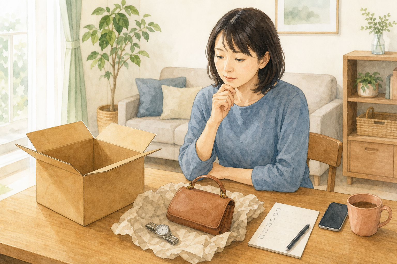 宅配買取の箱と売りたい品物を前に手順を考える人