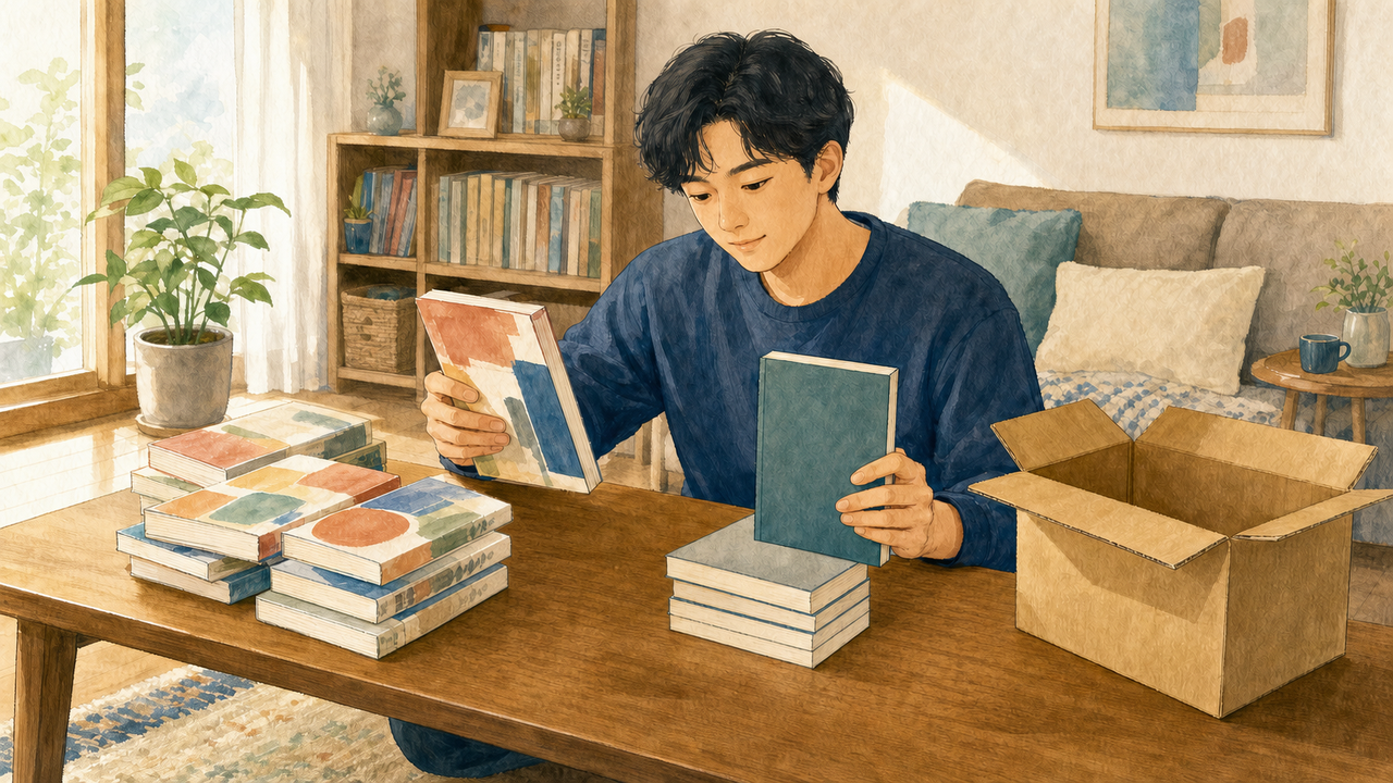 漫画の表紙カバーを確認しながら送る本を分ける人