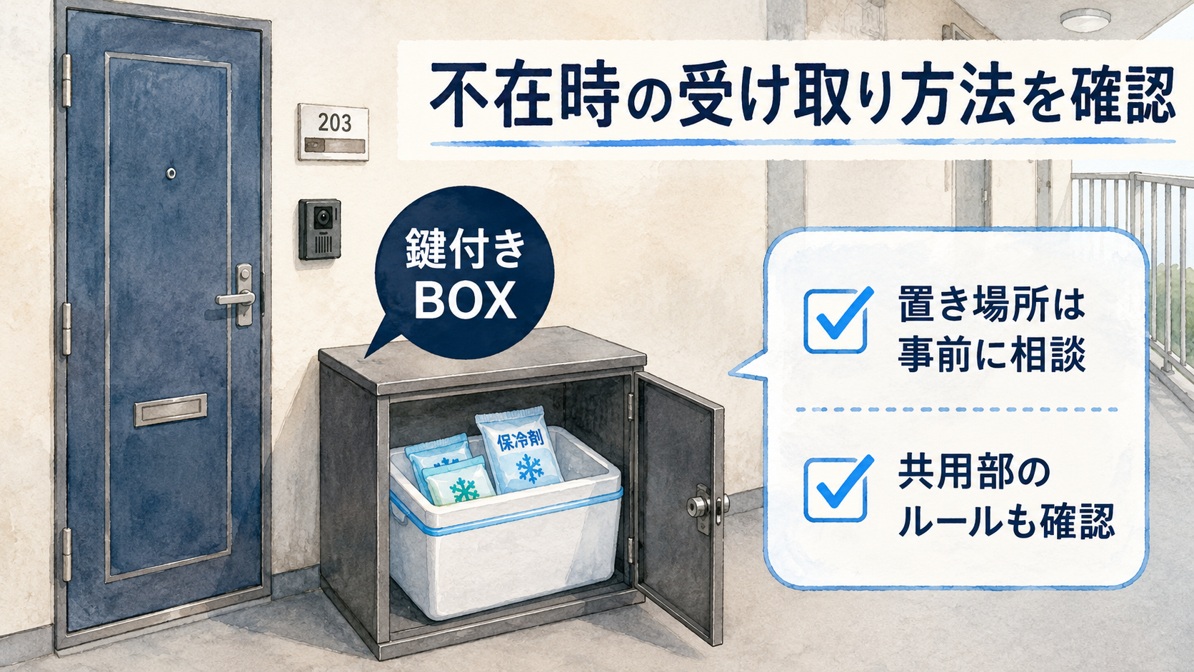一人暮らしの玄関前で鍵付きボックスを使ったミールキットの不在時受け取りを確認するイメージ