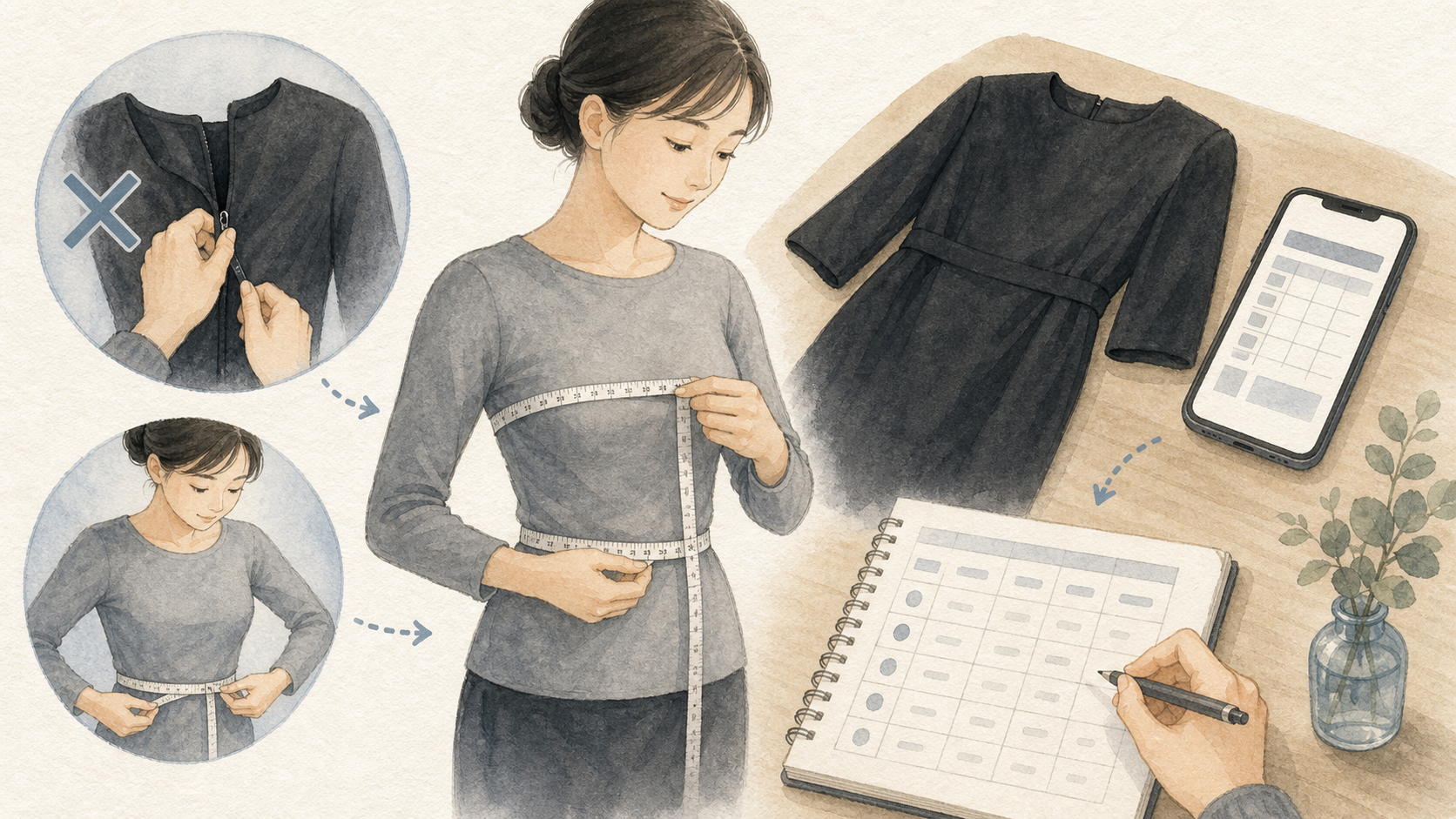 黒い喪服と自分のバストやウエストをメジャーで測ってサイズを比べる様子