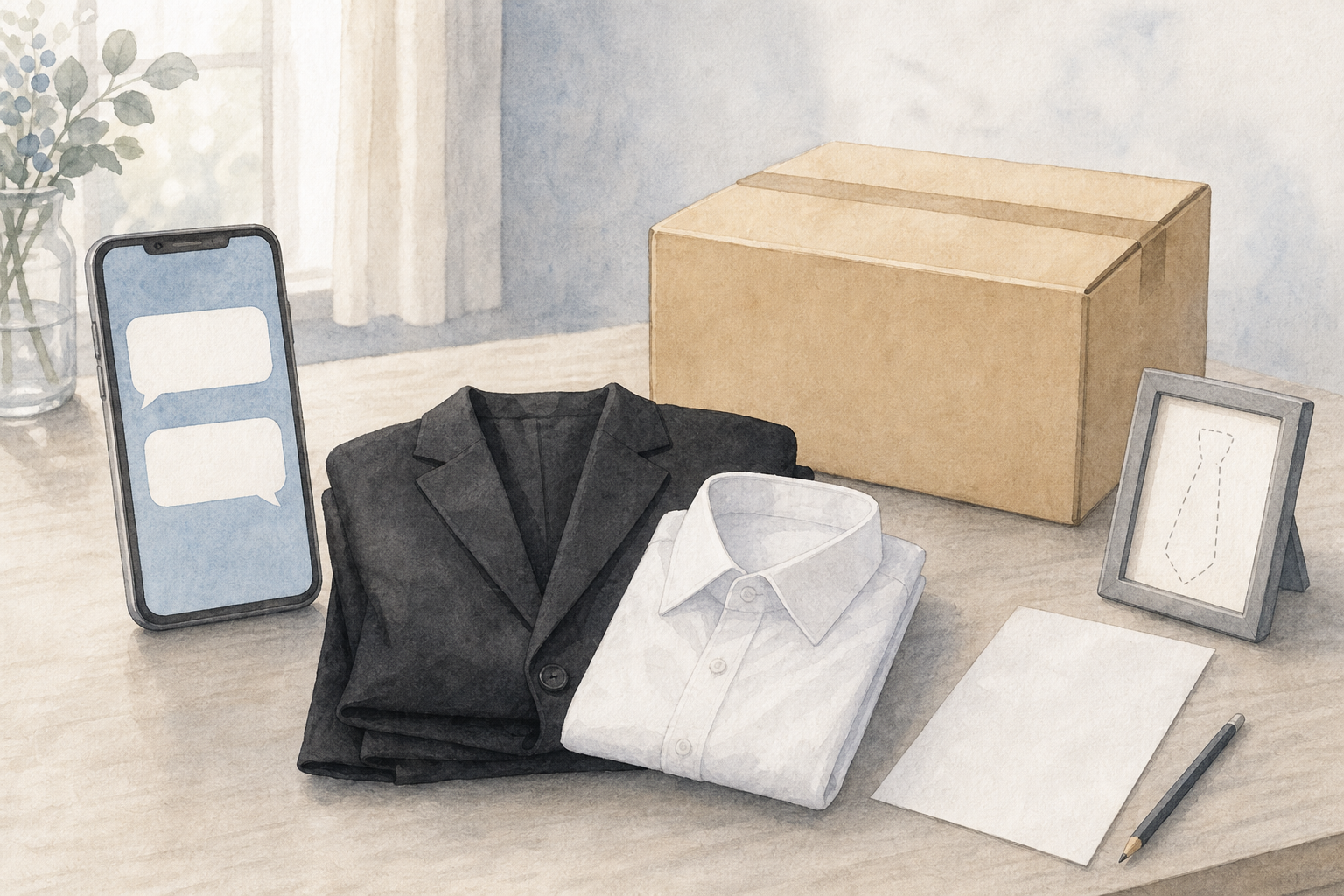 スマートフォンと返却箱と残りの喪服を用意して紛失を連絡する水彩イラスト