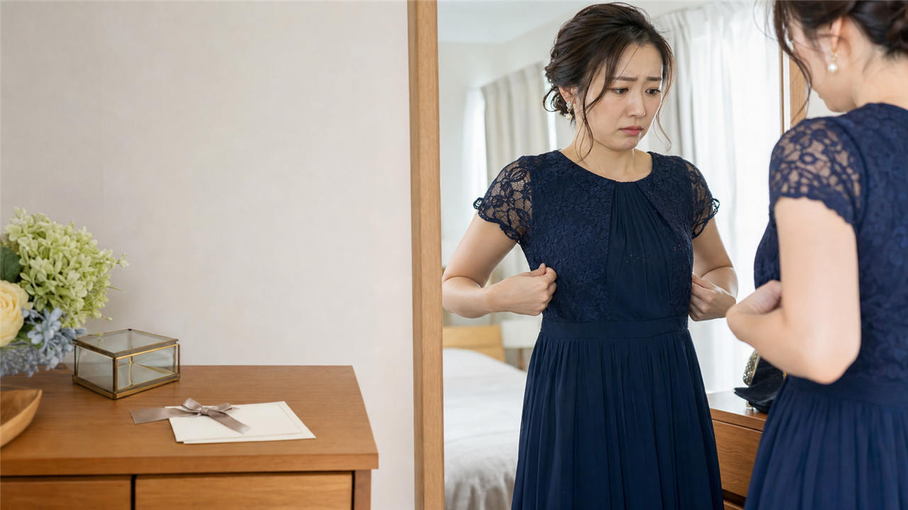 結婚式を前に紺色のパーティードレスの胸と二の腕のきつさを確認する女性