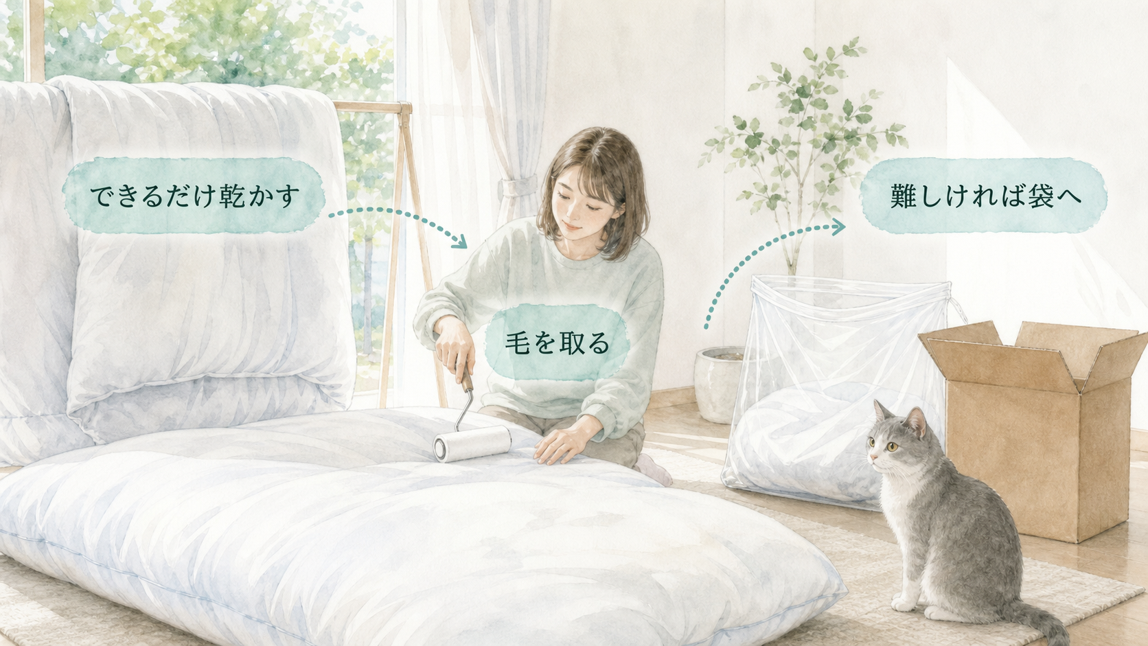 粗相した布団を乾かして毛を取り必要なら袋へ入れて梱包する流れ