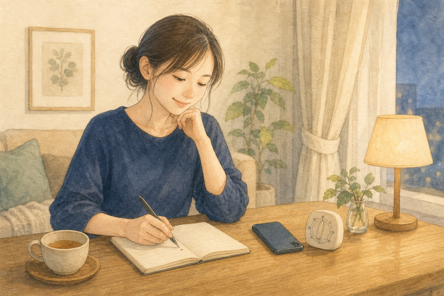 電話相談を終えて料金と聞いた内容を落ち着いて整理する女性