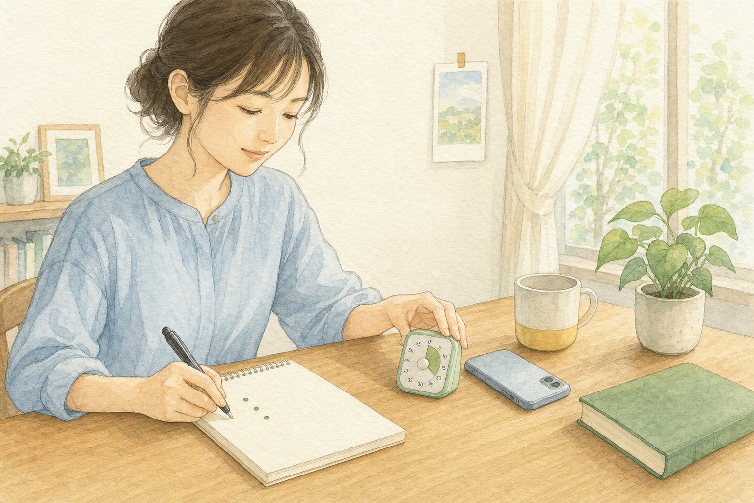 電話相談前に質問を3点に絞りタイマーを準備する女性