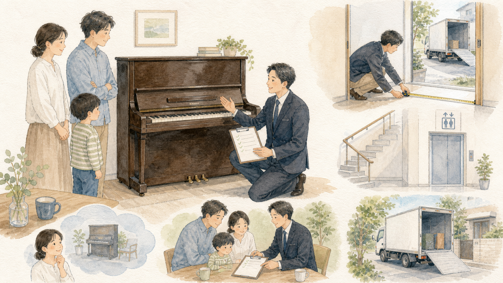 ピアノ査定前に家族と担当者が搬出経路と書面条件を確認する水彩イラスト