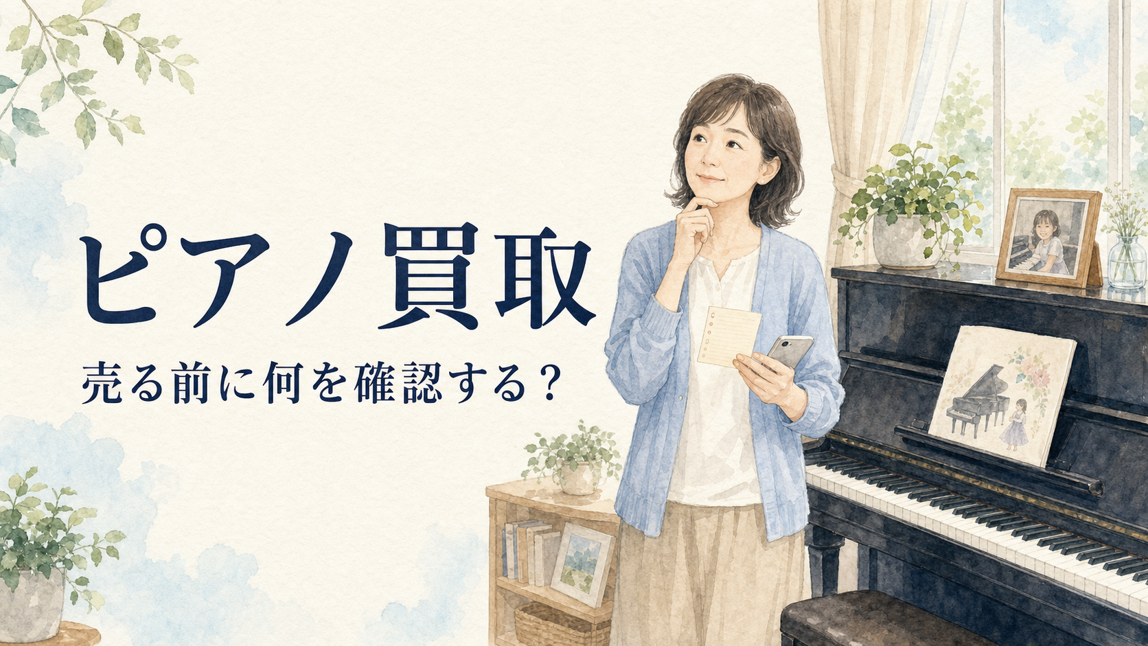 使わなくなったアップライトピアノの買取前に確認事項を考える女性の水彩イラスト