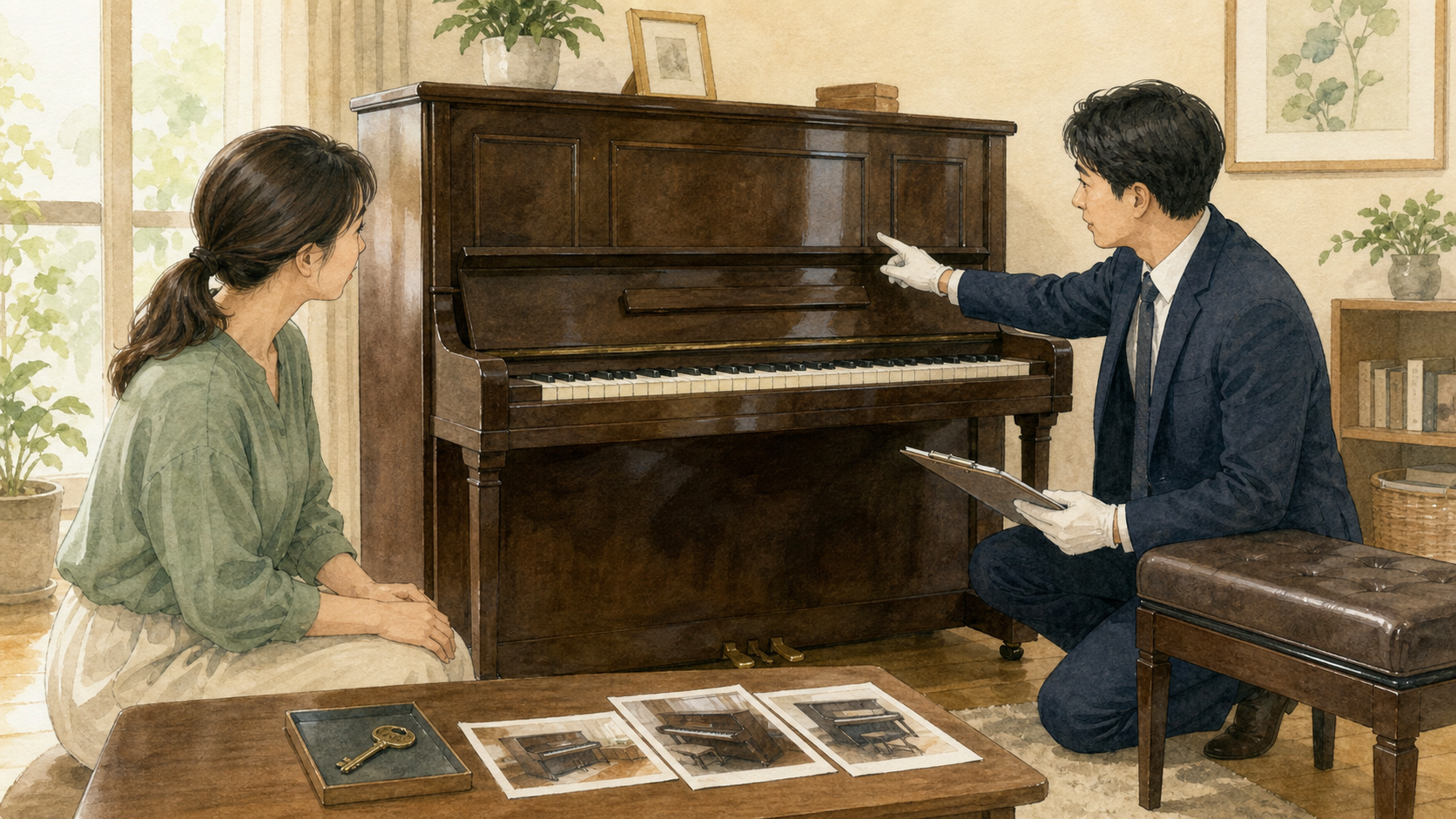 所有者と査定担当者がカバーのないピアノを確認する様子