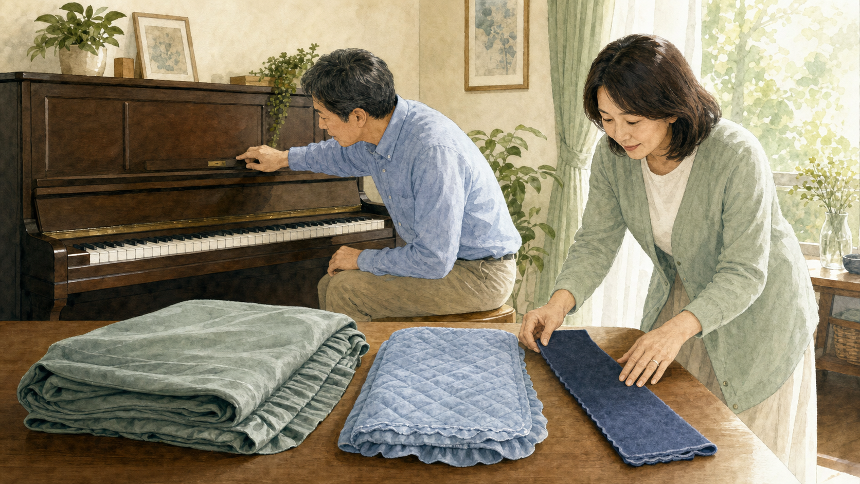 夫婦でピアノカバーの種類と本体情報を確認する様子