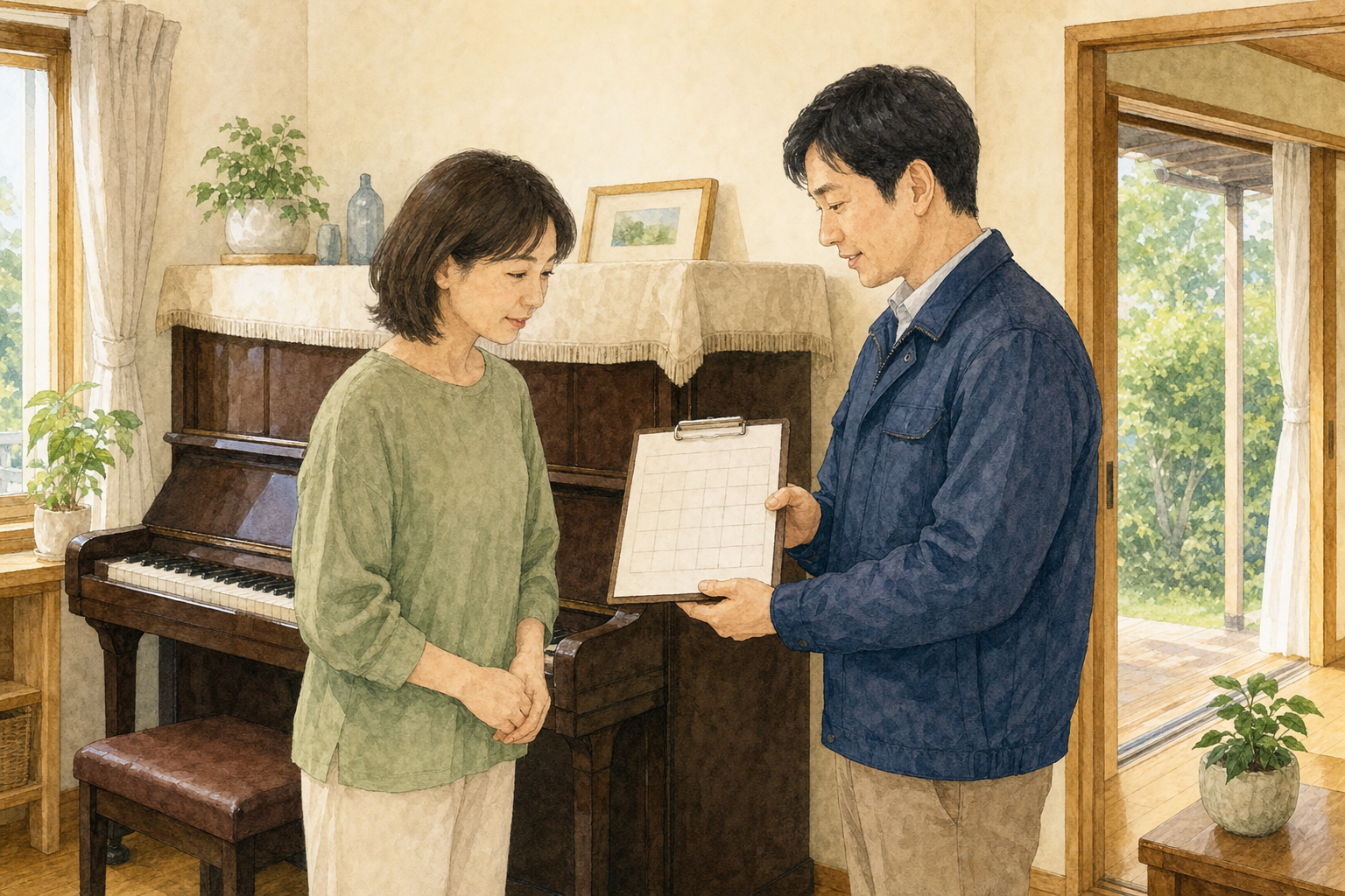 ピアノ査定の訪問日程を確認する成人