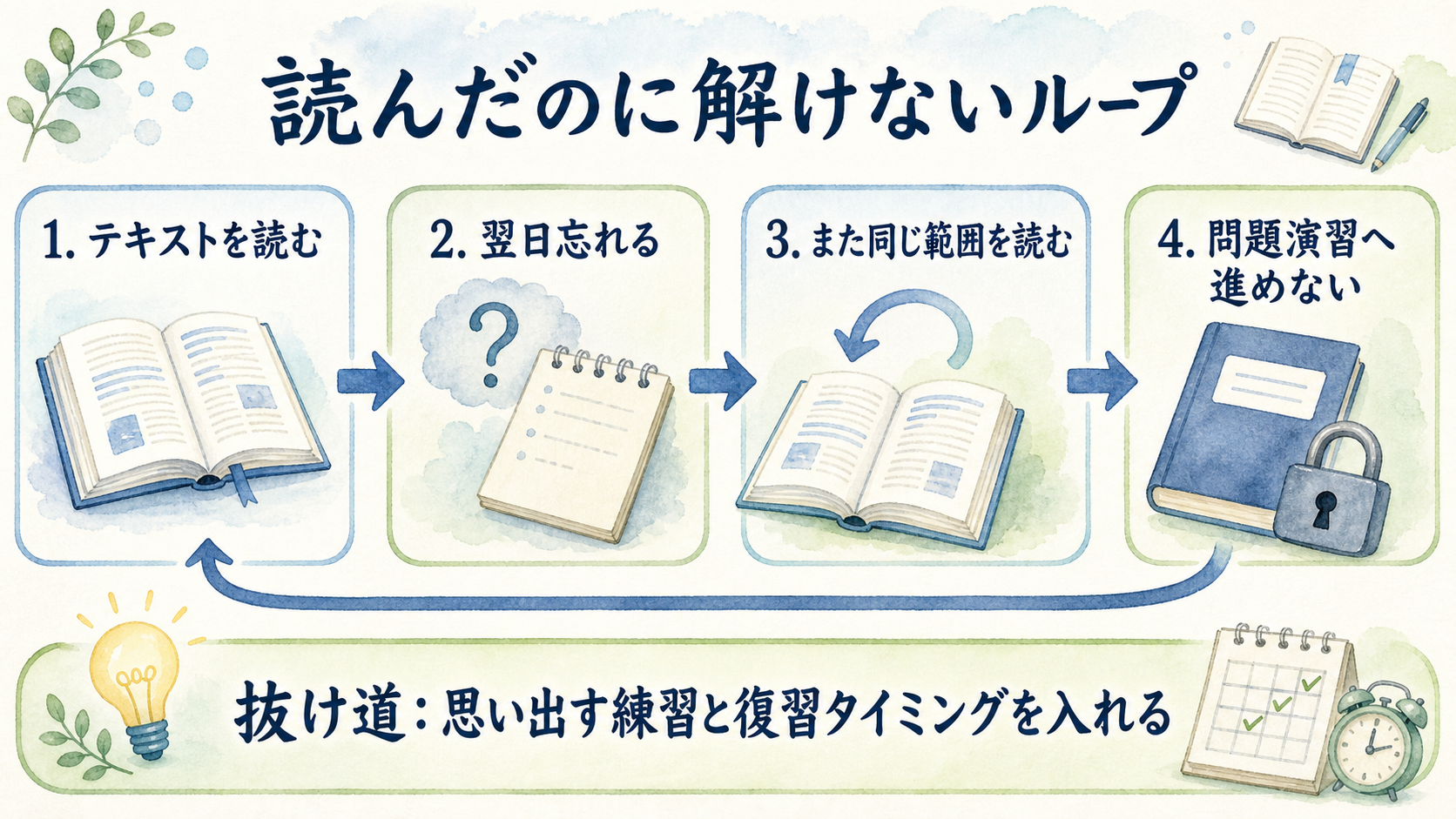 テキストを読んでも忘れて問題演習へ進めないループ