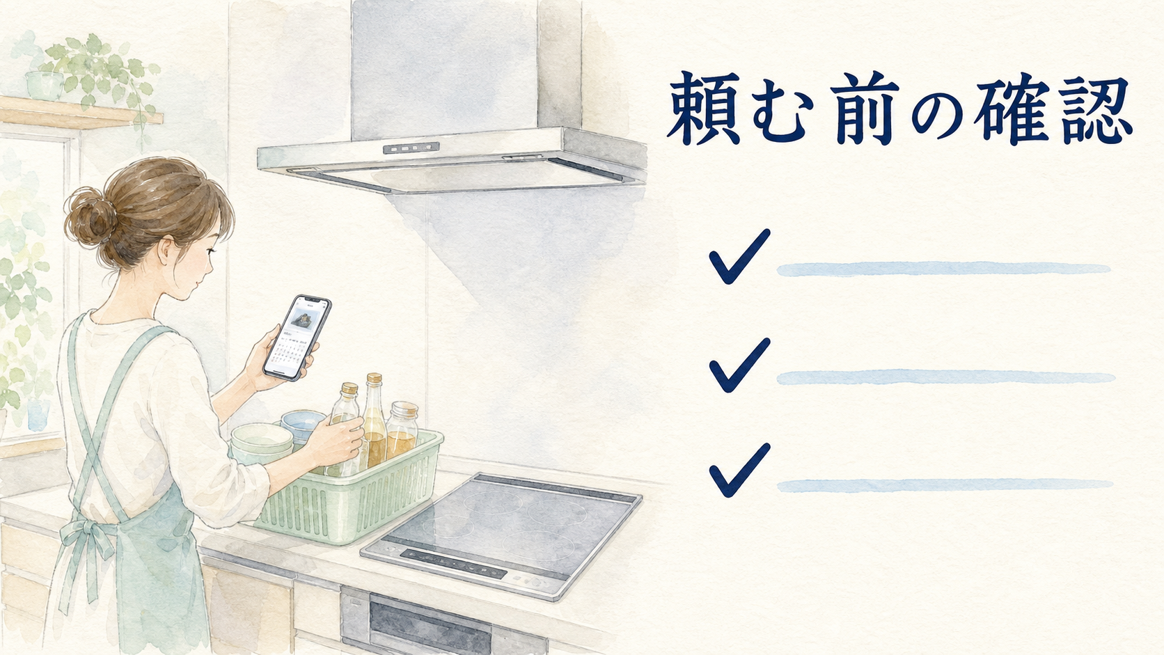 換気扇クリーニングを頼む前に物の移動と型番と日程を確認する水彩イラスト