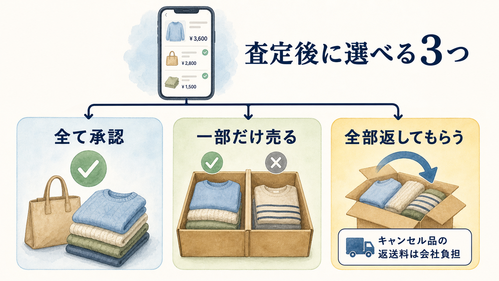 セカスト宅配買取の査定後に選べる全部承認、一部キャンセル、全部キャンセル