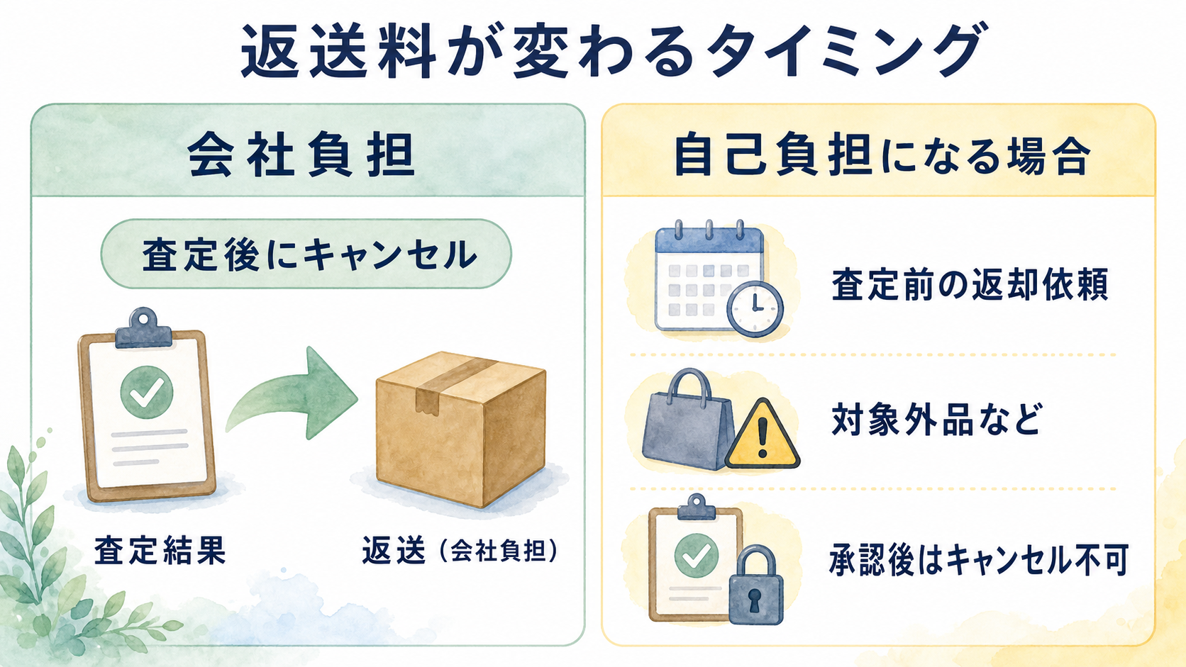 査定後キャンセルは返送料無料で、査定前返却などは自己負担になる違い